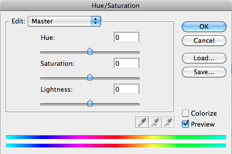 Hue/Saturation dialog showing a slider for Hue, Saturation, and Lightness